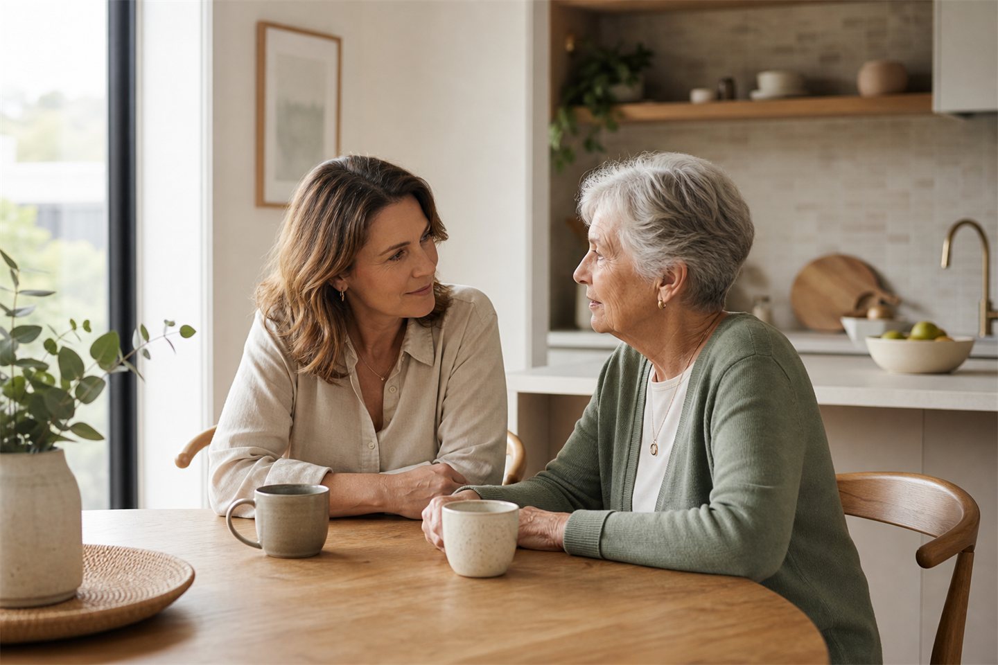 An adult daughter discussing care decisions with her ageing mother