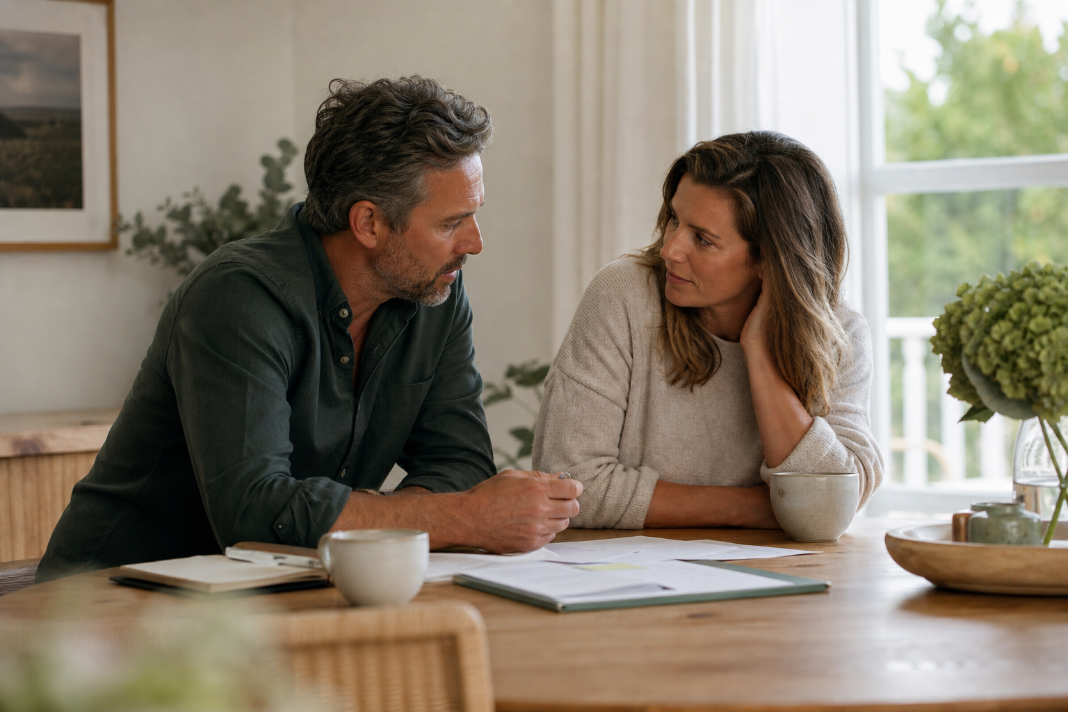Adult siblings discussing family care decisions around a dining table